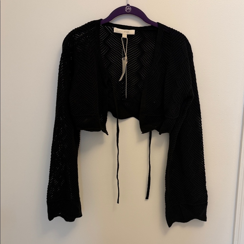 FLAT WHITE FROM ANTHROPOLOGY Black Knit Cropped Cardigan ONE SIZE